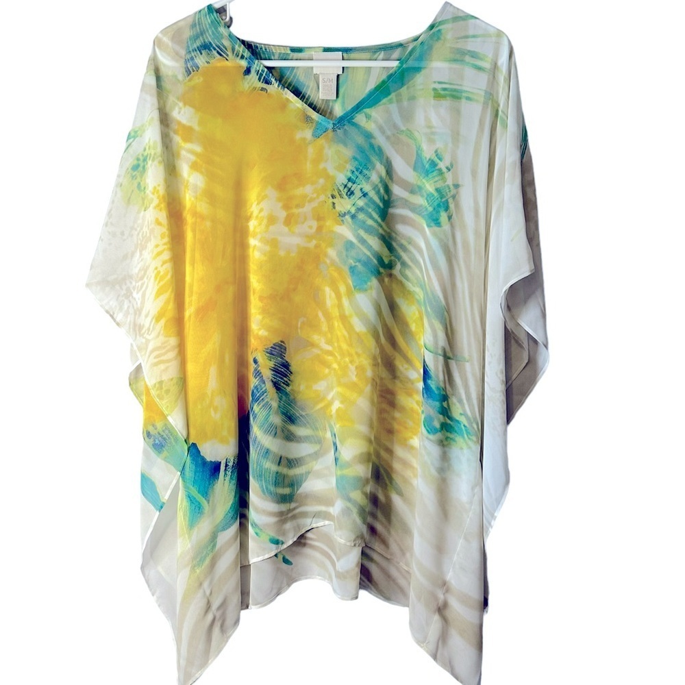 Chico’s Sheer Floral Caftan Poncho Tunic Blouse Beach Resort Coastal CoverUp S/M